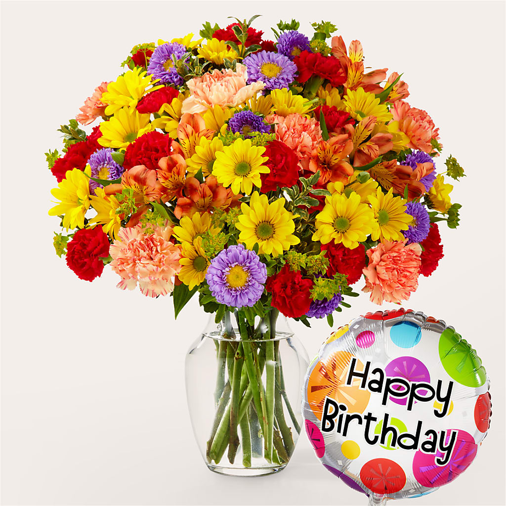 Kaleidoscope Bouquet with Birthday Balloon – Eastland Heaven Sent Floral, Eastland TX