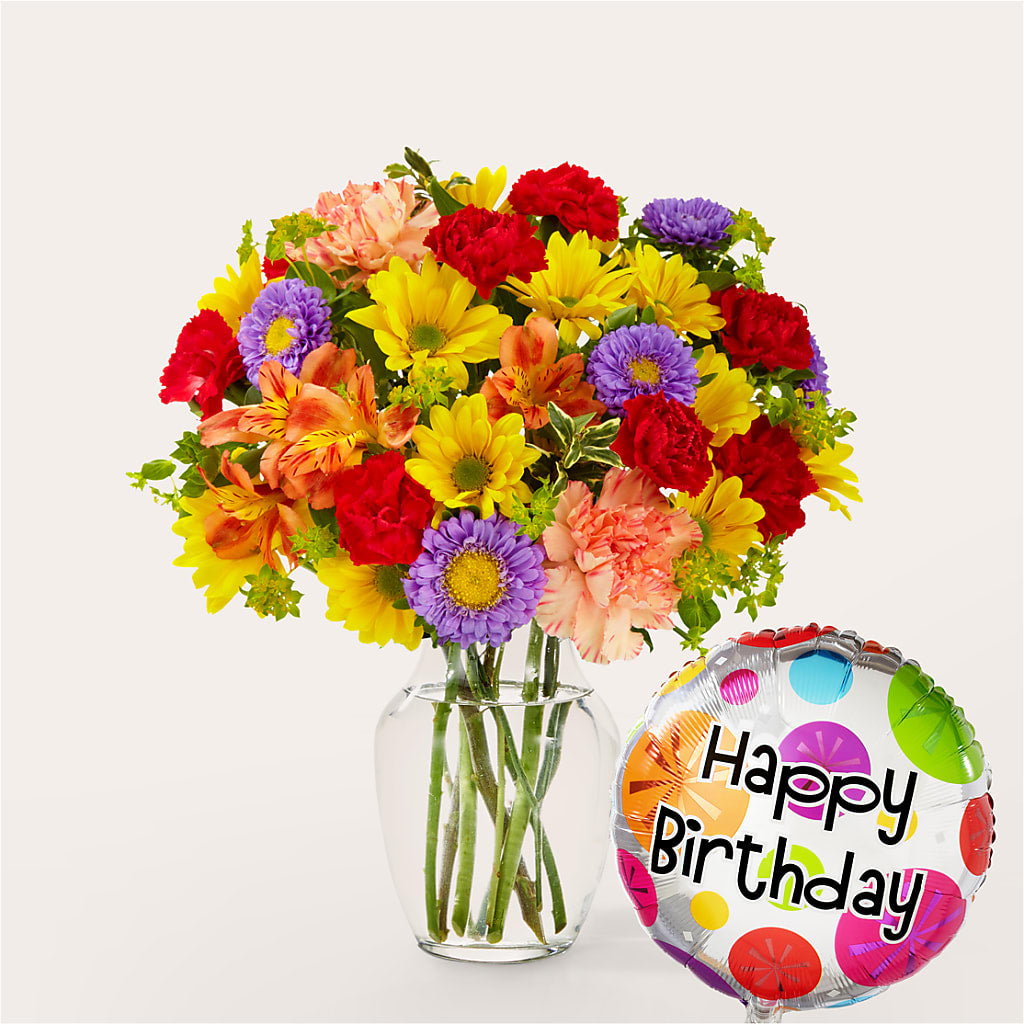 Kaleidoscope Bouquet with Birthday Balloon – Eastland Heaven Sent Floral, Eastland TX