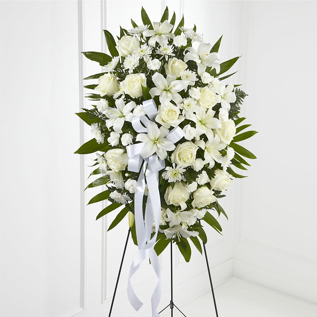 Exquisite Tribute Standing Spray-White Ribbon – Eastland Heaven Sent Floral, Eastland TX